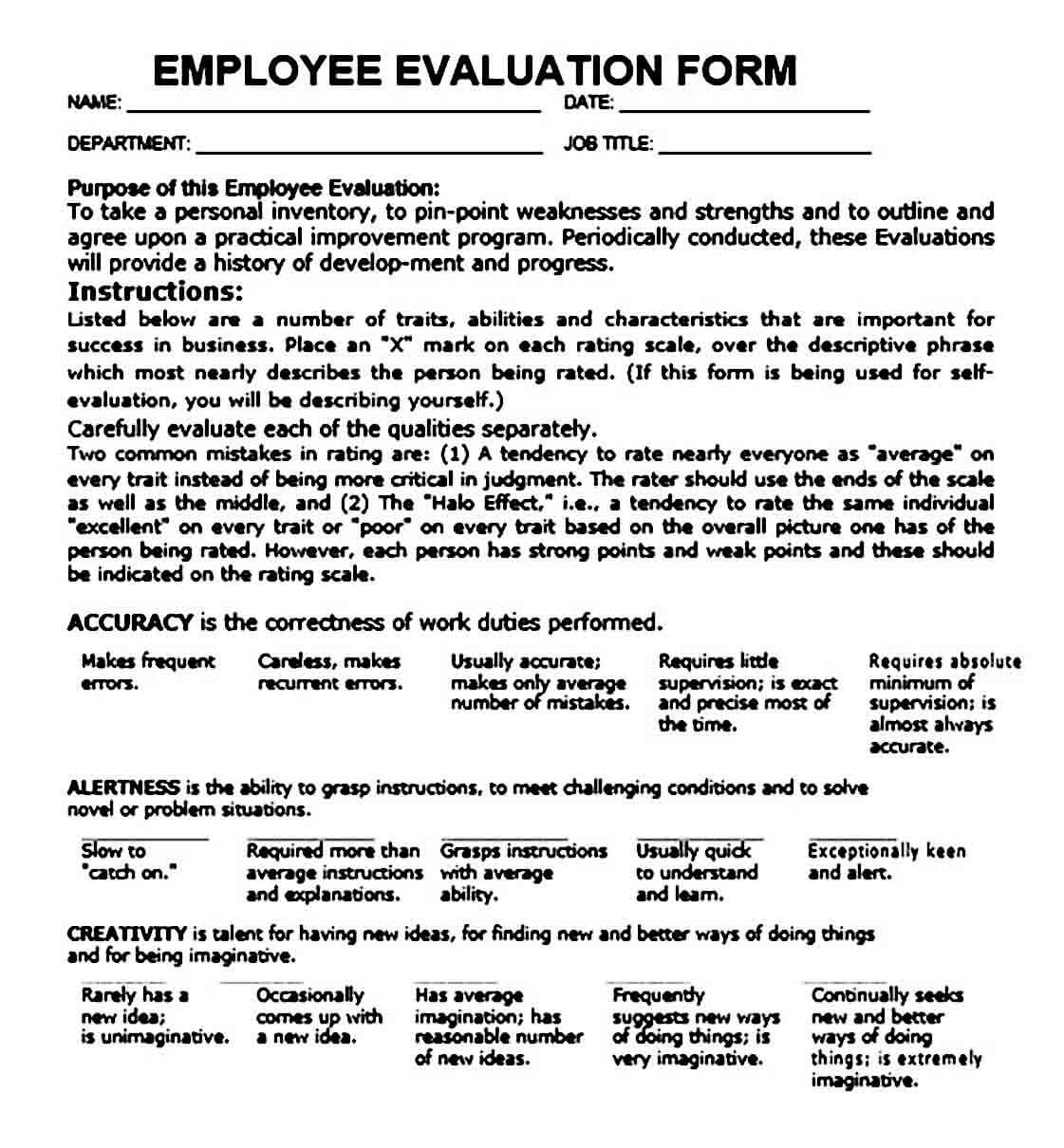 employee performance evaluation form