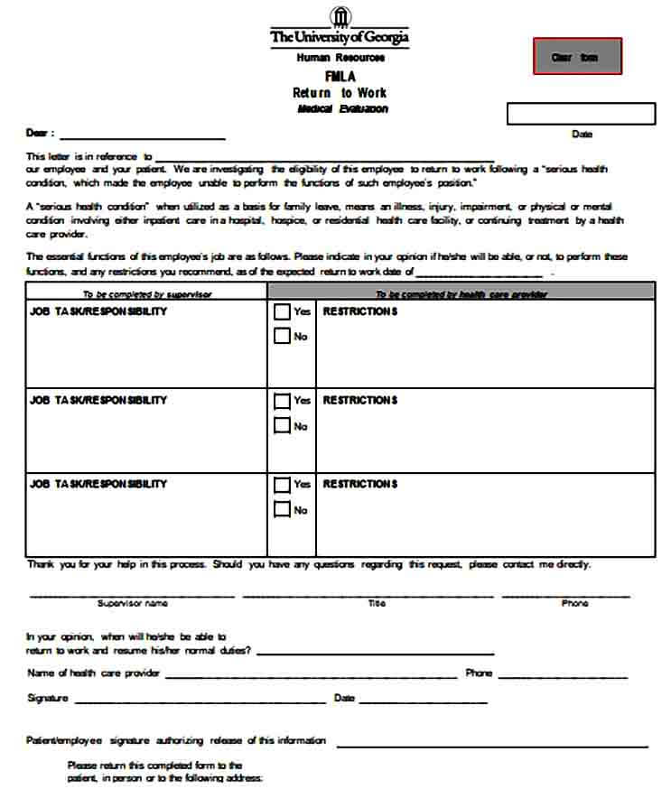 fmla return to work medical form