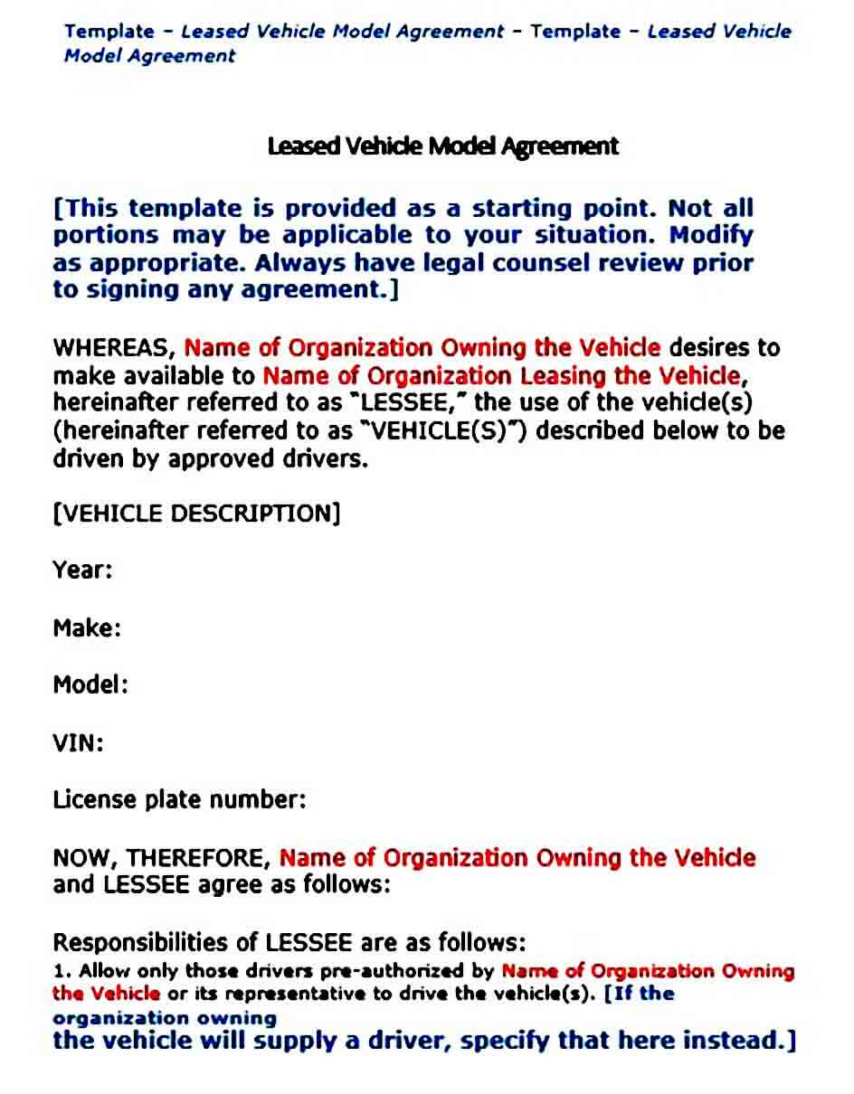 leased vehicle model agreement templates