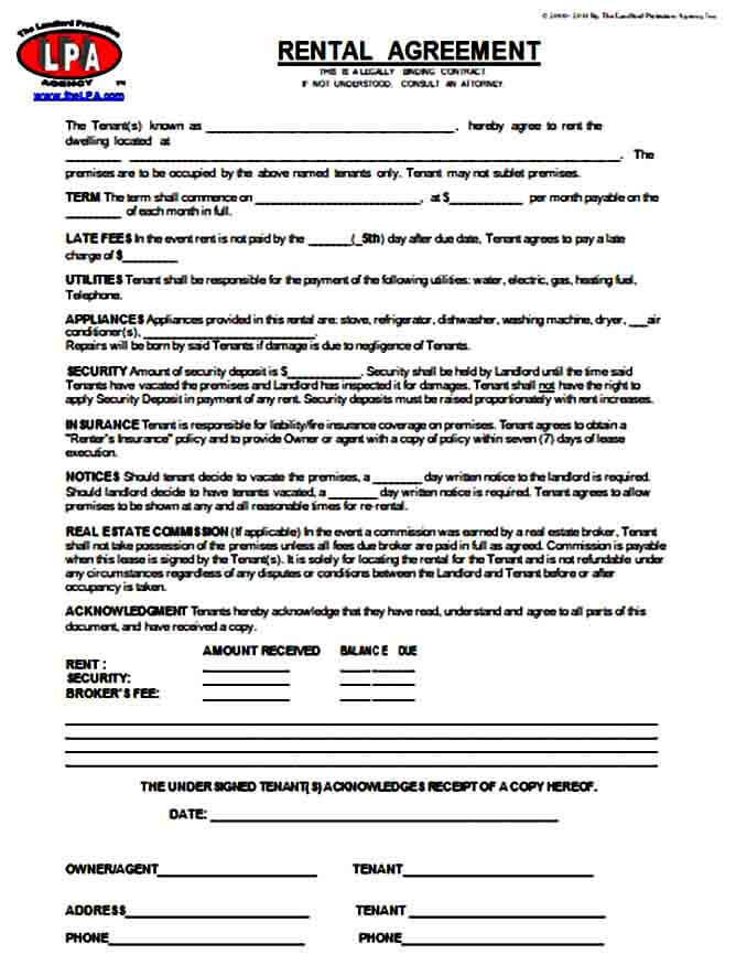 month to month rental agreement form printable