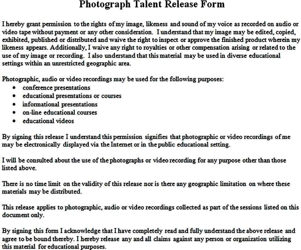 photograph talent release form