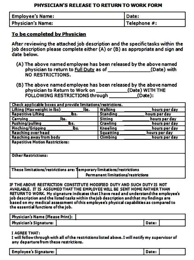 physician return to work medical form