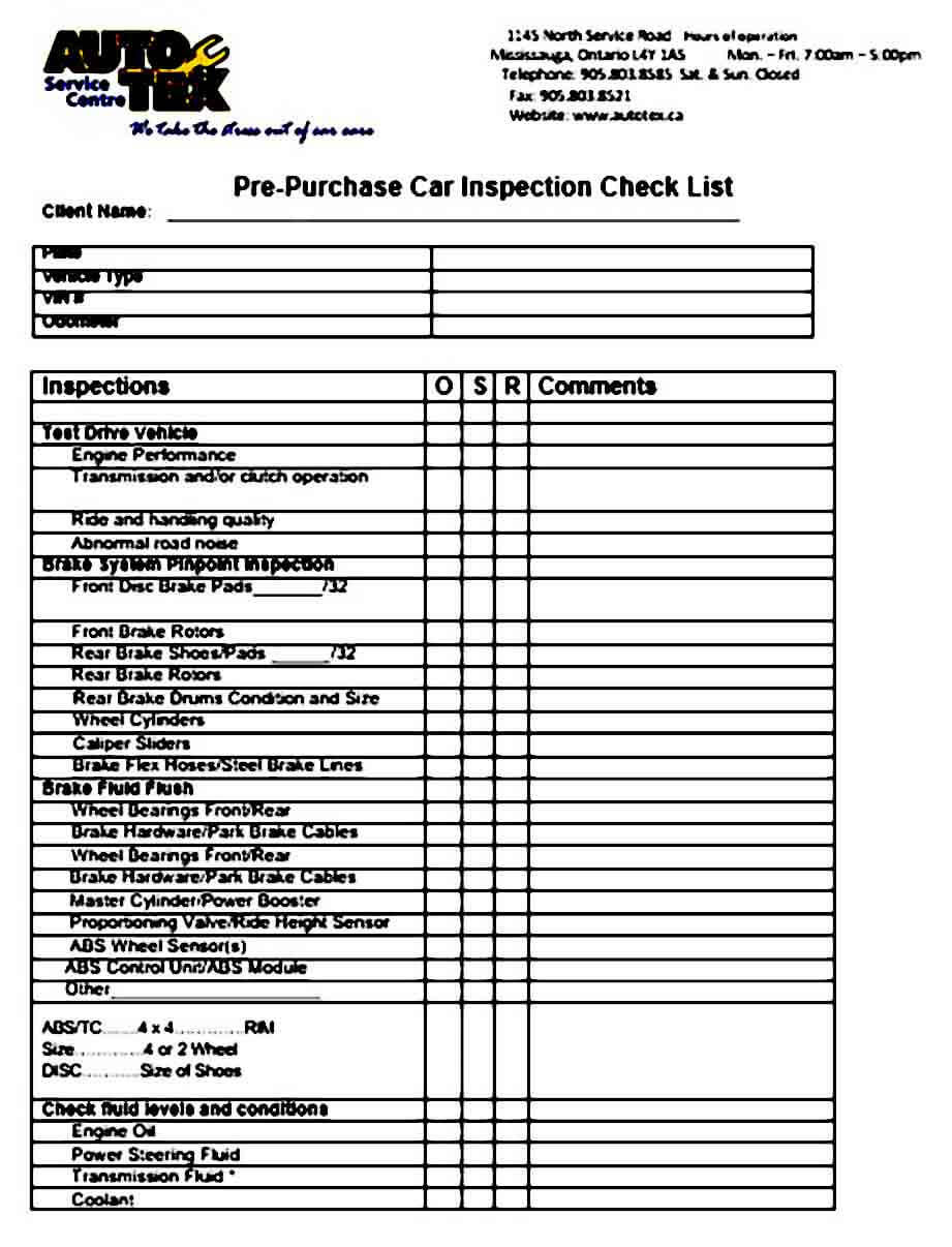 pre purchase car inspection check list
