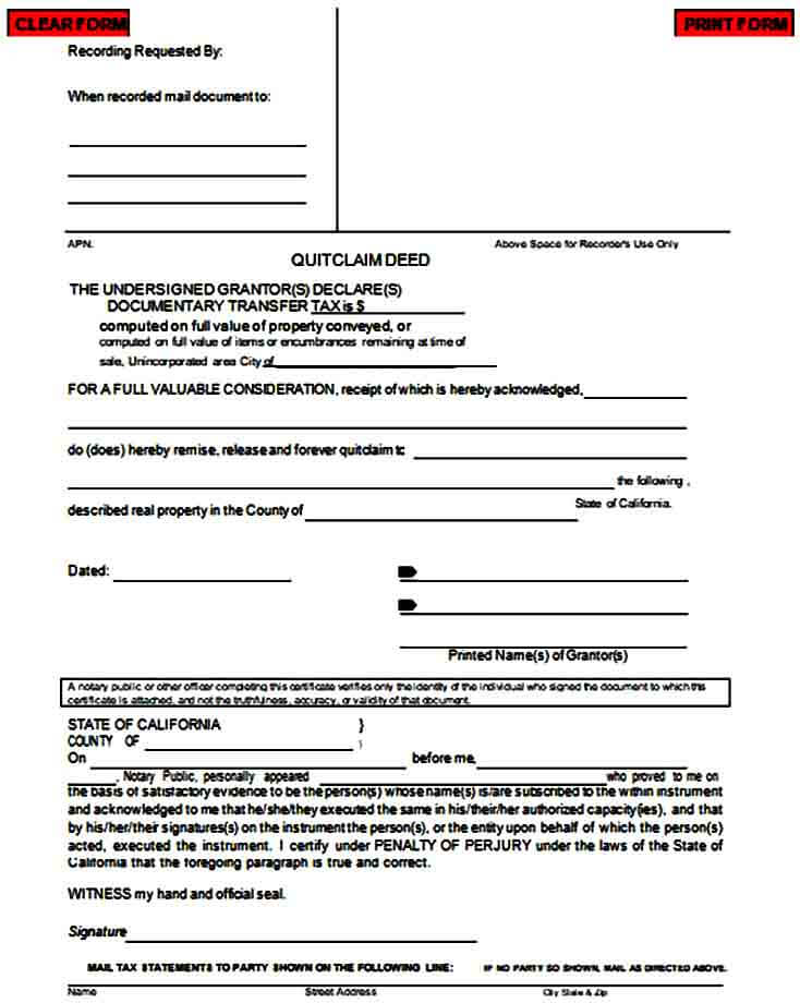 printable quit claim deed form