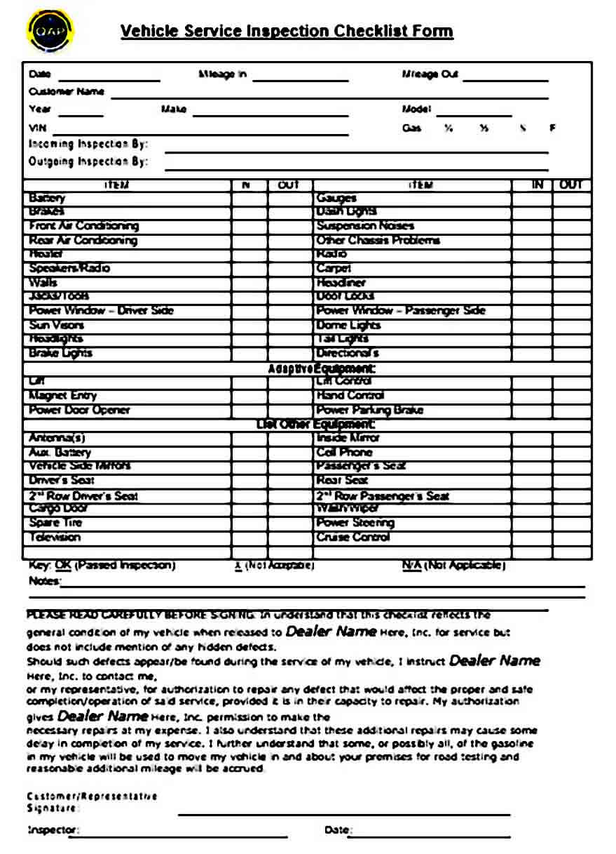 qap f a sample vehicle service inspection checklist form