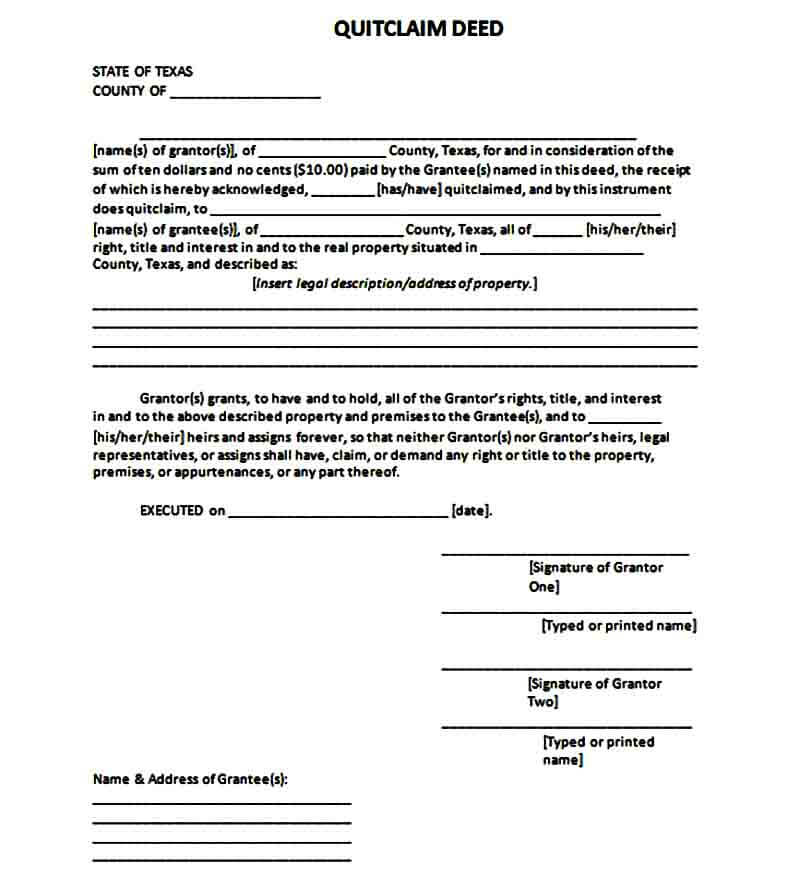 quitclaim deed form format