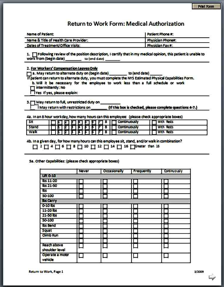 return to work medical authorization form