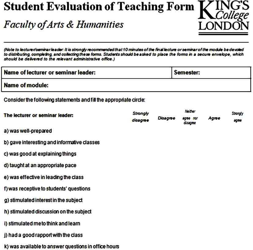 student evaluation of teaching form