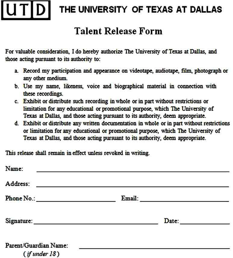university talent release form