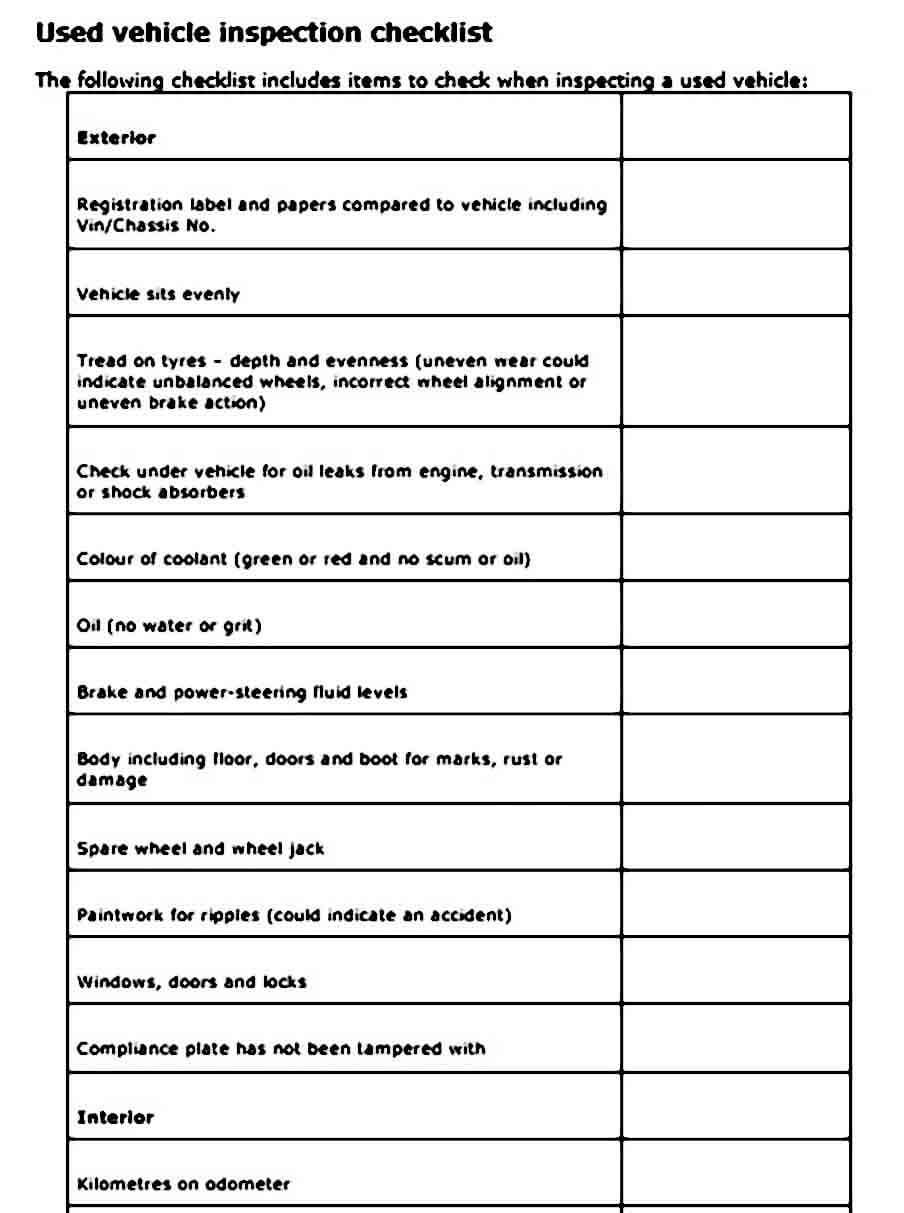 used vehicle inspection checklist templates