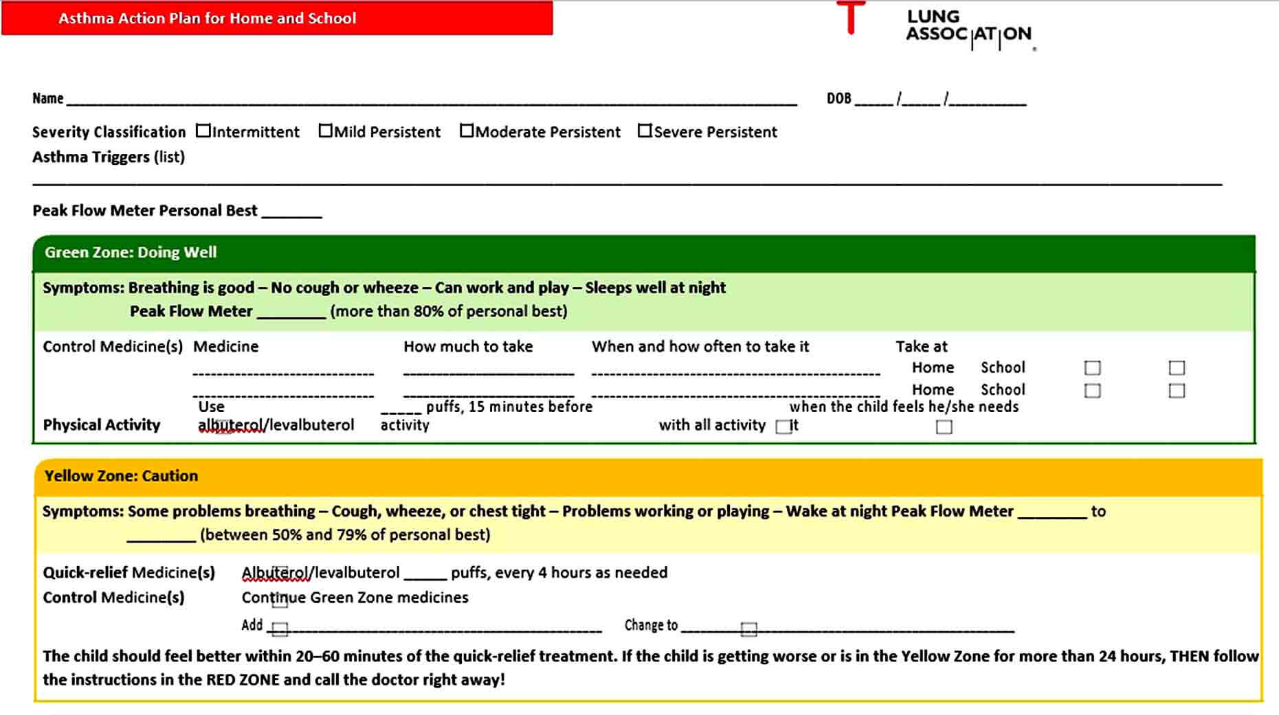 Templates American Lung Association Asthma Action Plan for Home and School Te