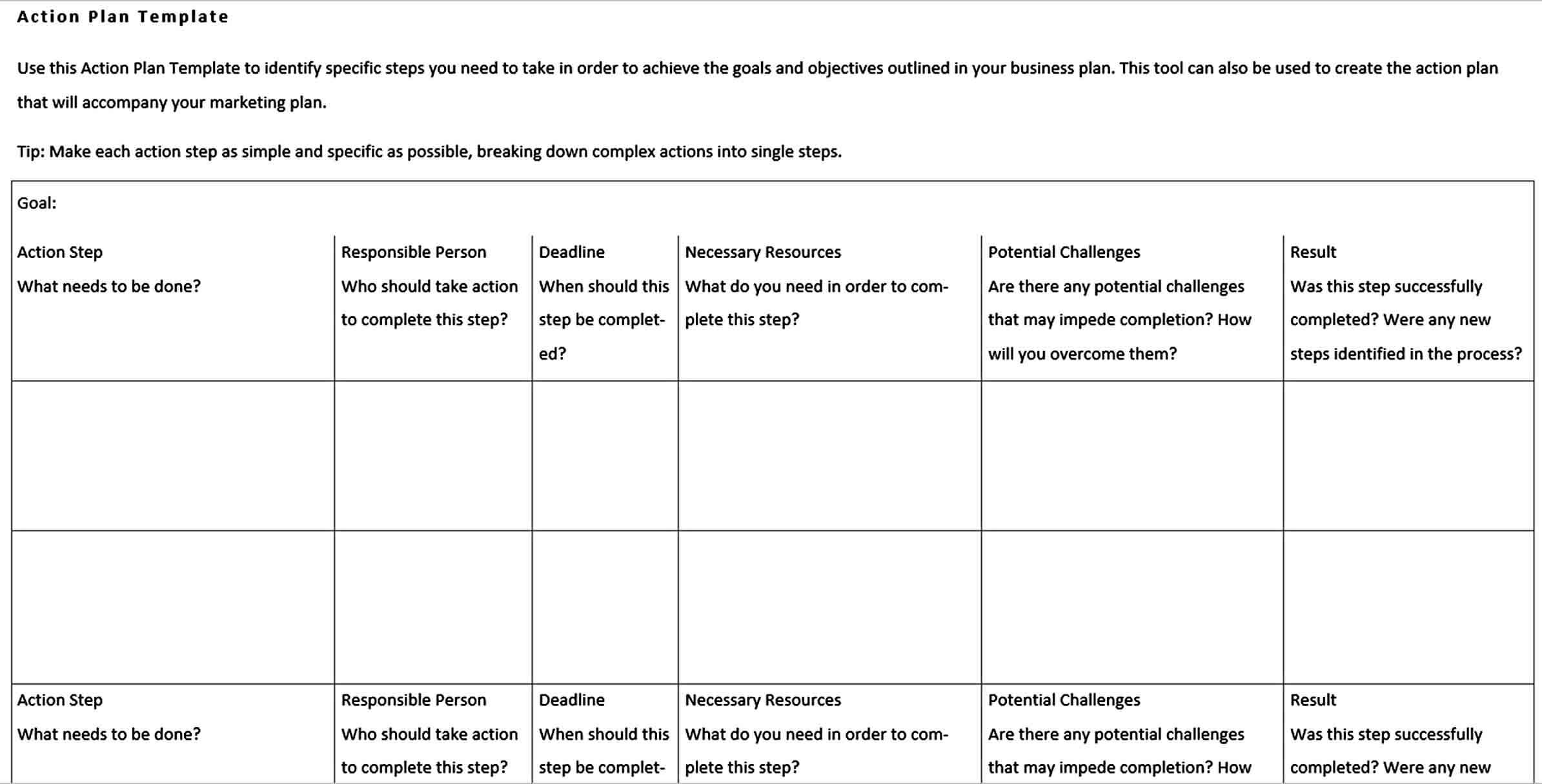 Printable Business Action Plan Template Mous Syusa