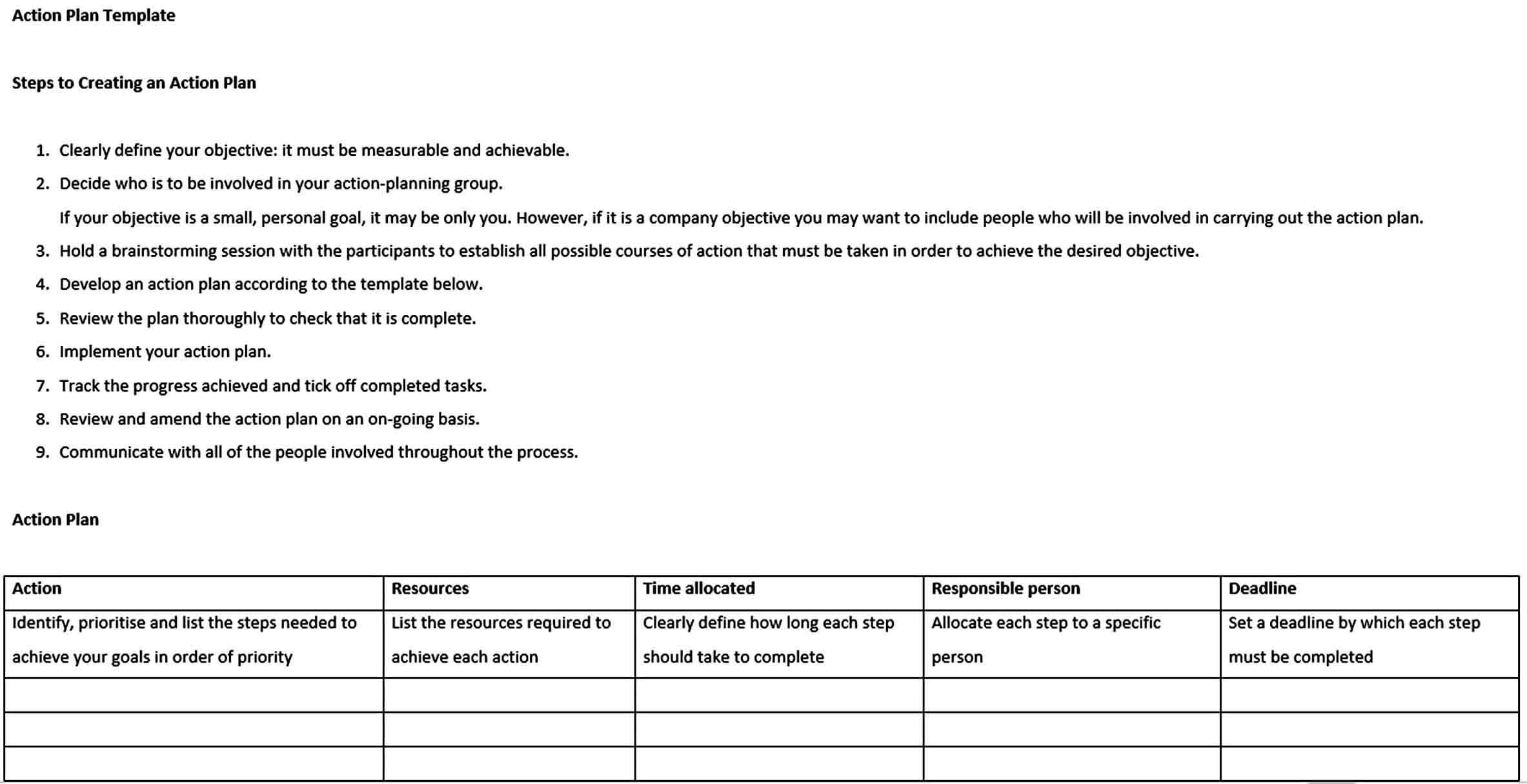 Templates Business Action Plan E