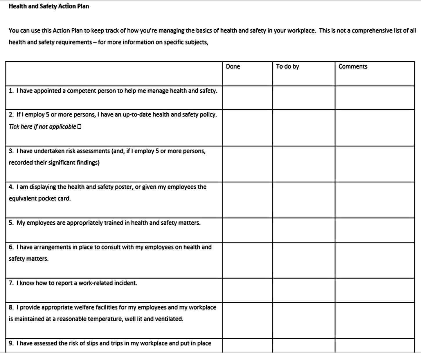 Templates Health and Safety Action Plan Word Doc Do