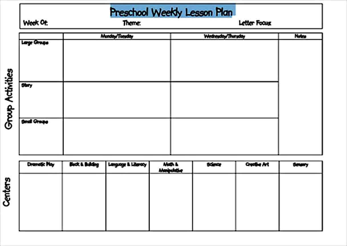 Templates Preschool Weekly Blank Lesson