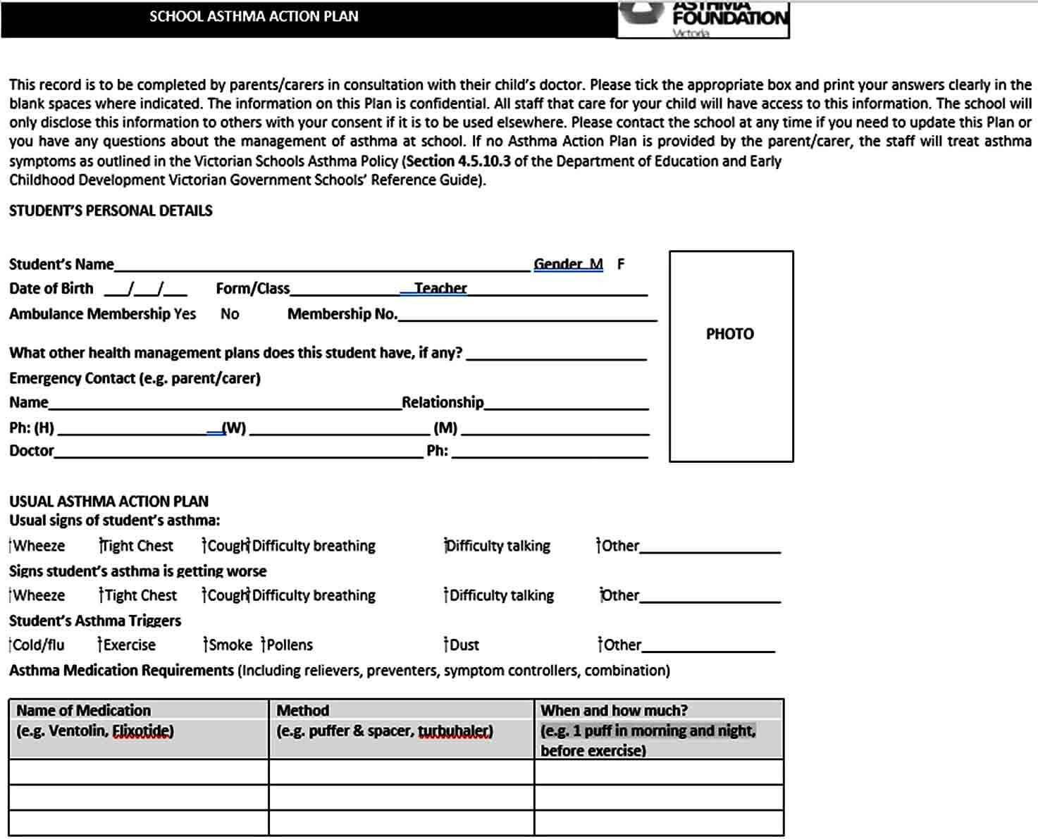 Templates School Asthma Action Plan Te