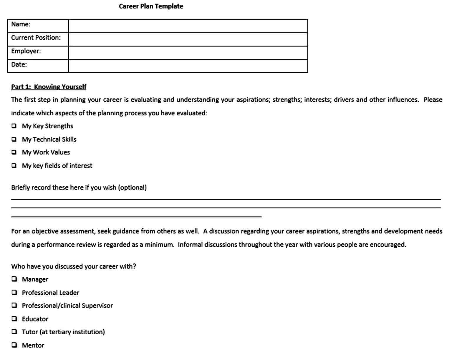 Templates career plan te