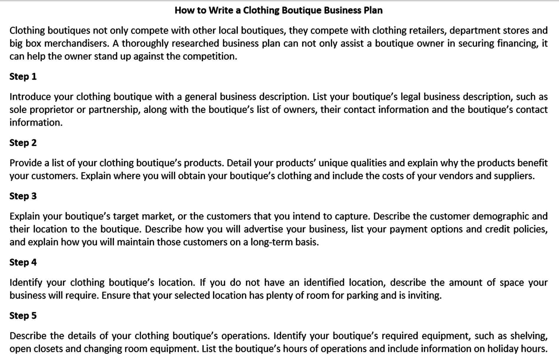 how to write a business plan for a boutique