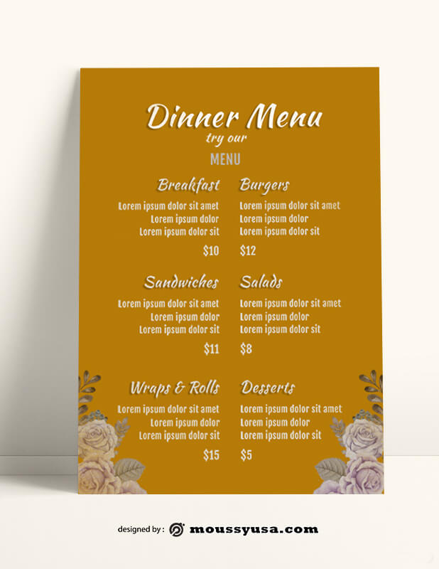 Dinner Menu templates Sample