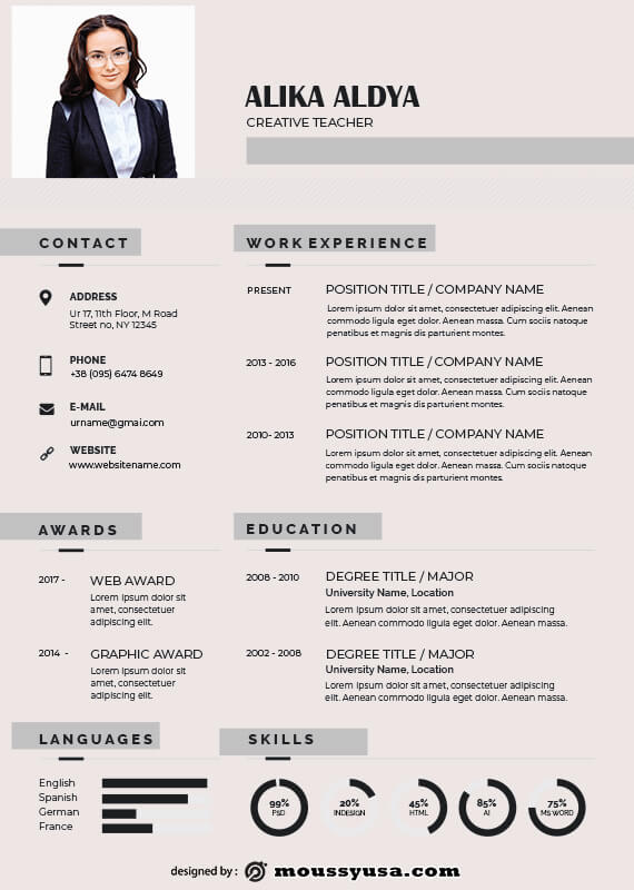 Resume Teacher in psd design