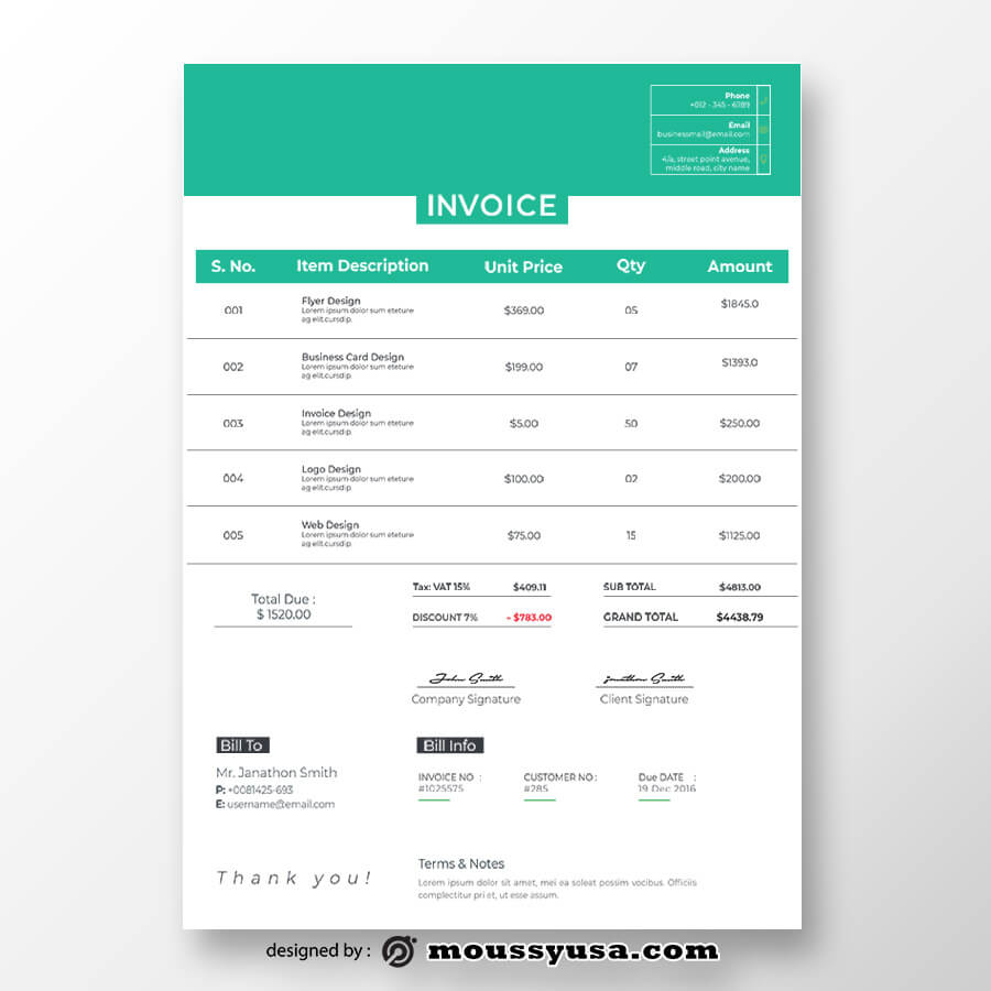 commercial invoice in psd design