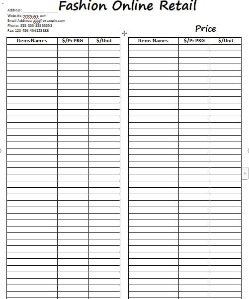 price sheet template free word