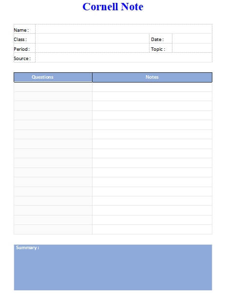 Cornell Note free word template