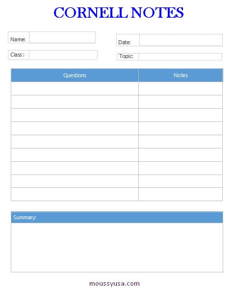 Cornell Note in word