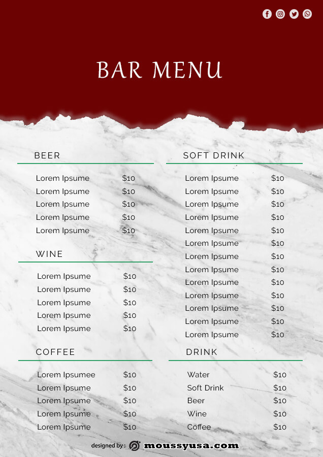 bar menu template free psd