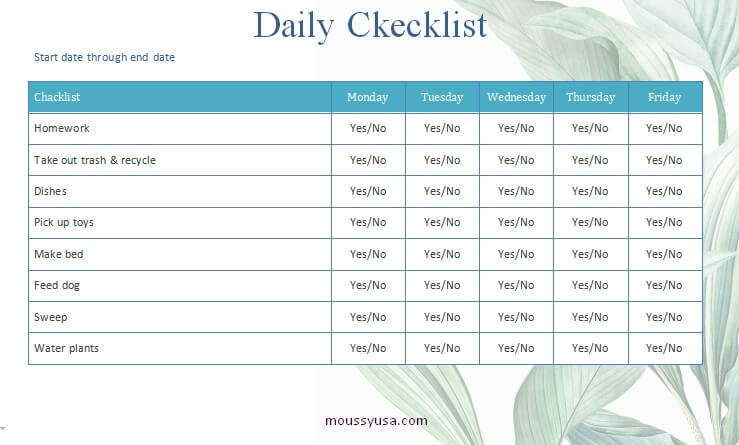 daily checklist word template free