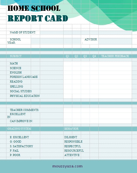 homeschool report card example word design