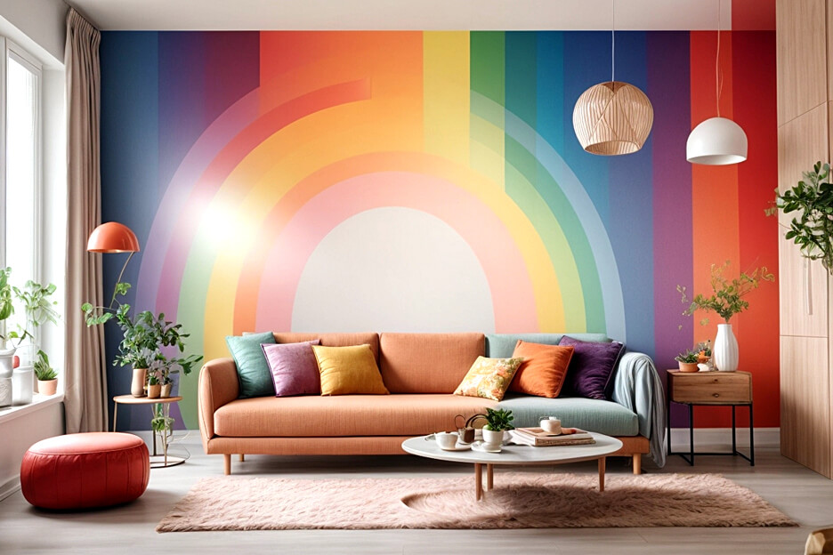 Living Room Elegance with Rainbow Wall Art