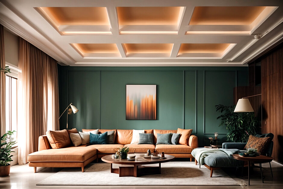 Dramatic Accents Bold Living Room False Ceiling Color Choices