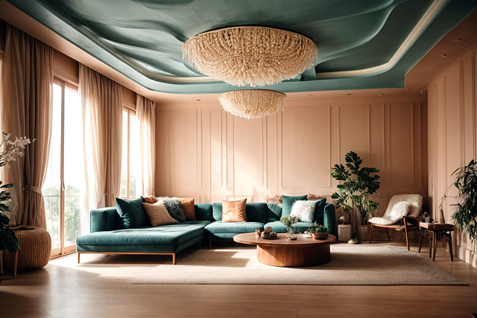 Harmonious Shades Coordinated Living Room False Ceiling Color Schemes