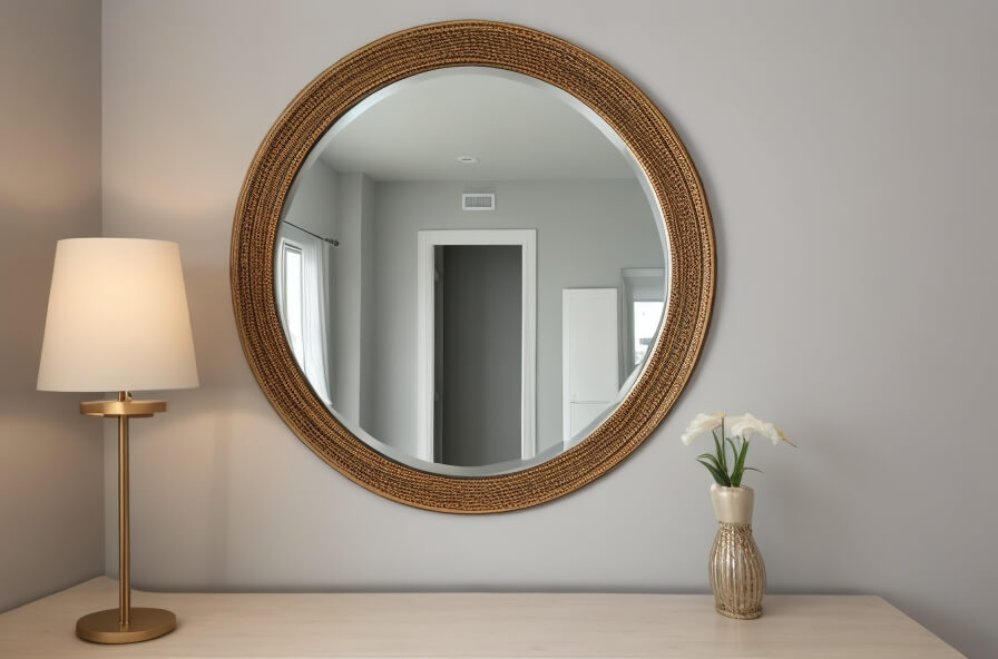 Mid Century Modern Round Mirror in Teak Frame