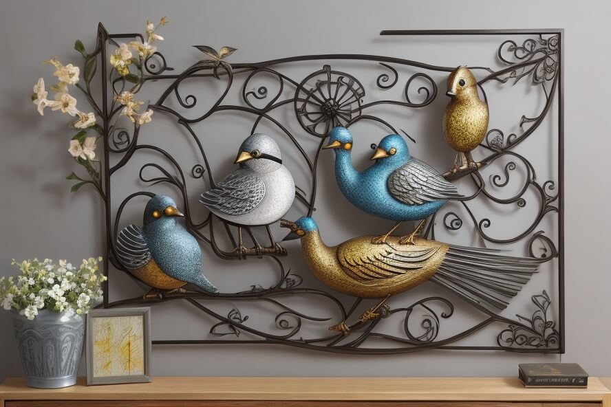 Rustic Rhythms Embracing Metal Birds in Wall Art Harmony