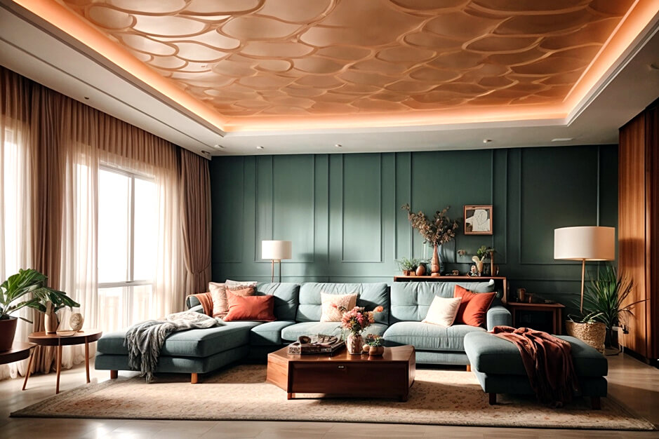 Serene Hues Tranquil Living Room False Ceiling Colors
