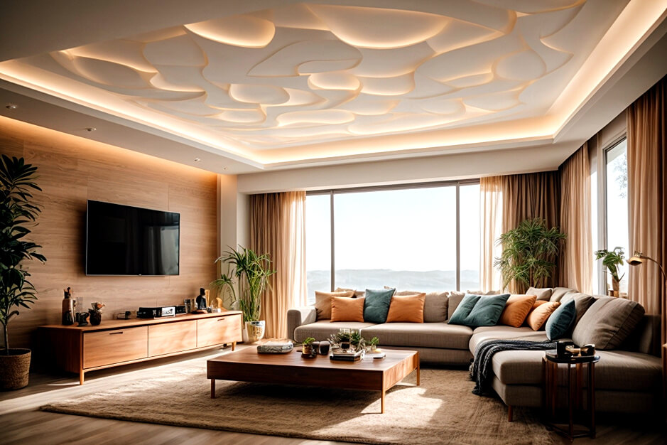 Vivid Spectrum Living Room False Ceiling Color Palette